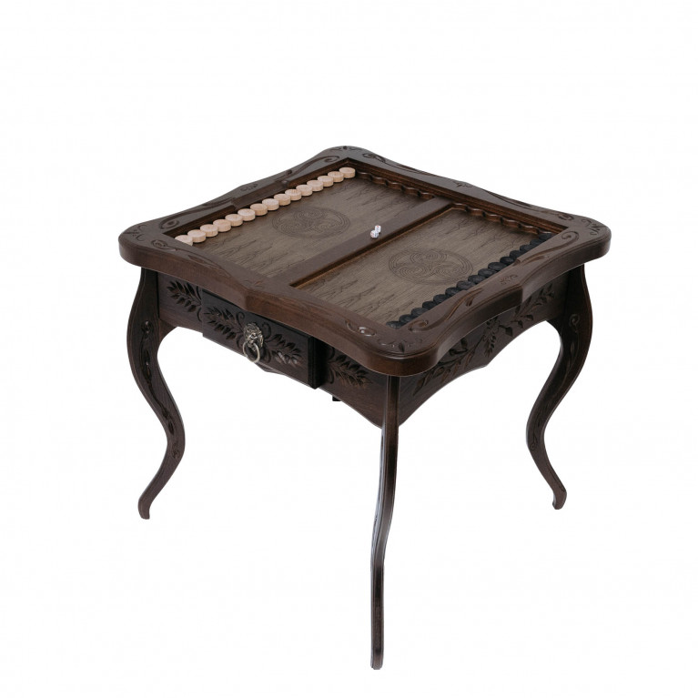Sakkasztal "Napoleon" , tömör bükkfából, művészi faragással, kombinálva (Sakk/Backgammon/Kávé)
